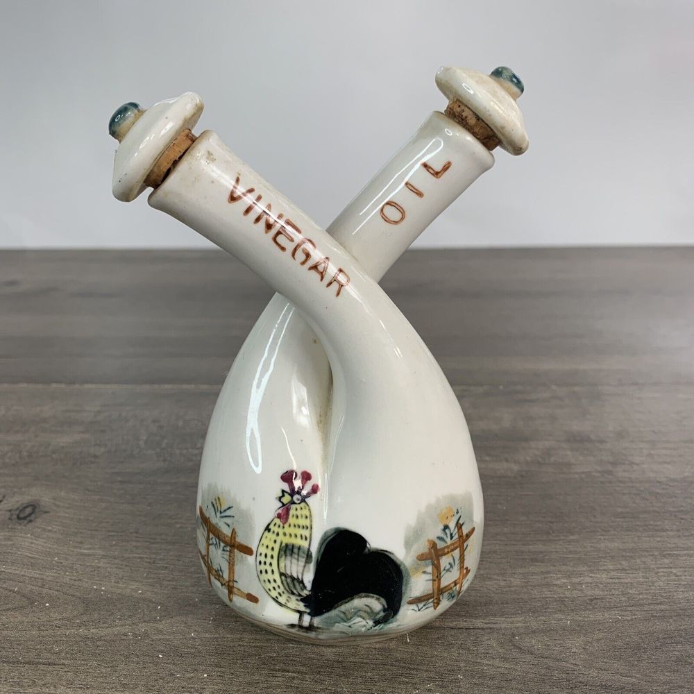 =Vintage Thames Ceramic Double Neck Oil Vinegar Bottle W/ Stoppers Rooster JAPAN